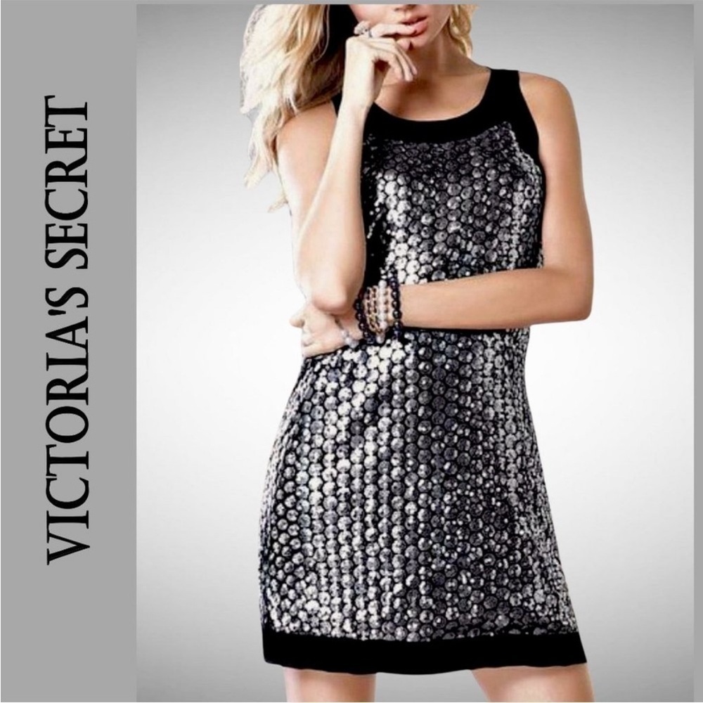 Victoria’s Secret Metallic Sequins Sleeveless Cocktail Dress Sheer Bow Back EUC